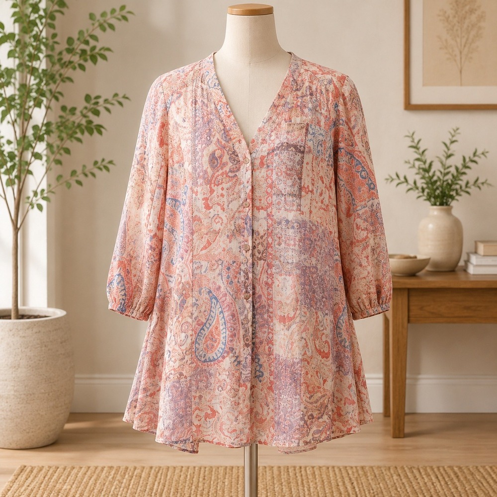 NEW Passport Susan Graver Tunic Top 1XP Multicolor Paisley Patchwork V-Neck